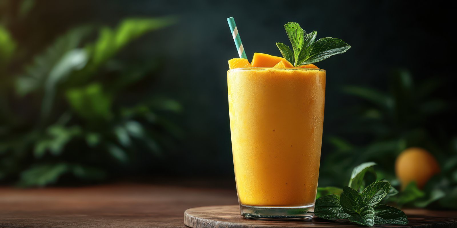 Refreshing mango smoothie in a glass with mint leaves and a striped straw on a wooden surface in a lush setting